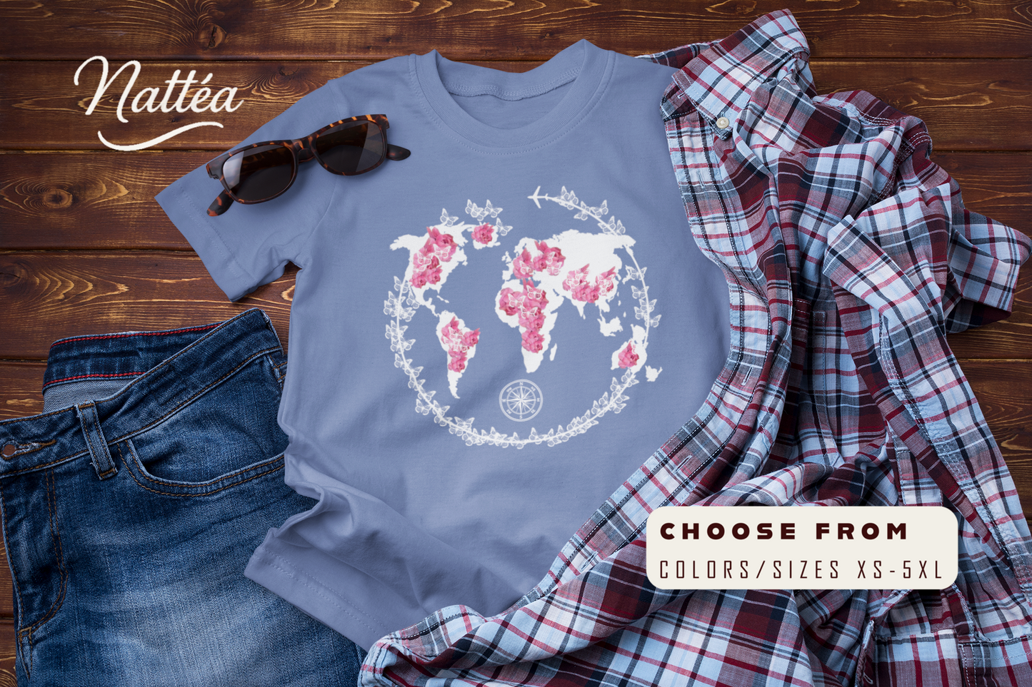 Floral World Map T-Shirt – Travel the World Compass Adventure Tee