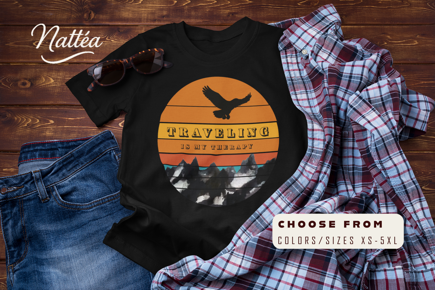 Traveling Is My Therapy T-Shirt – Vintage Mountain Scene Retro Sunset Tee