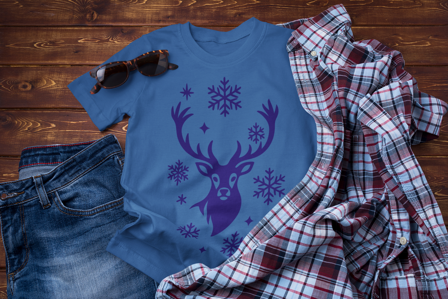Winter Deer Forest Graphic Tee – Minimal Snowflake Design