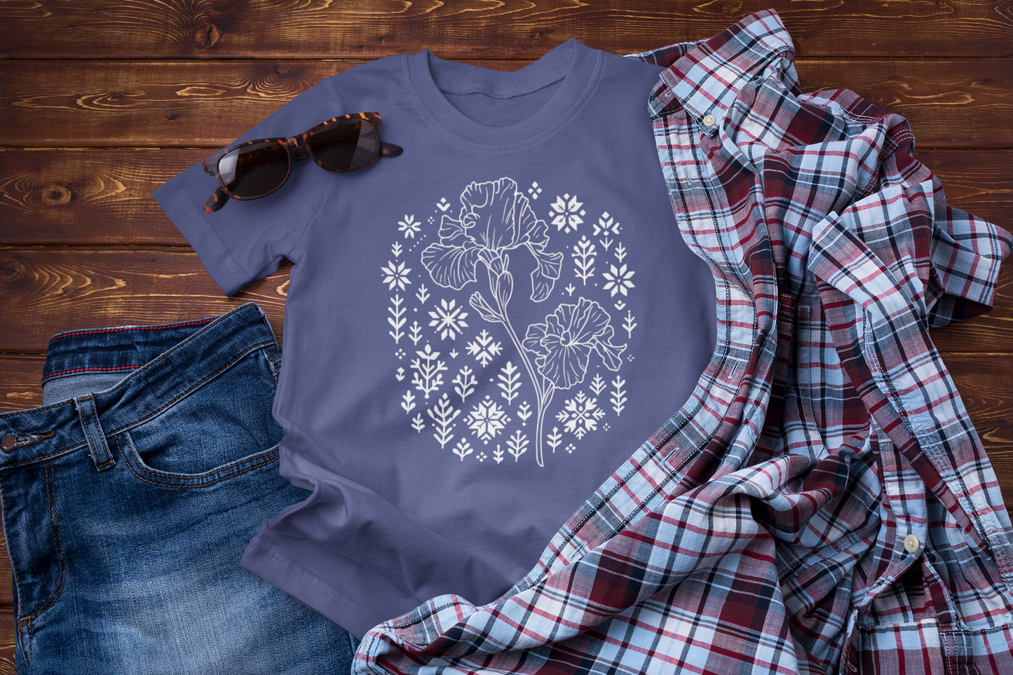 Winter Iris Tee – Floral Folk Embroidery Graphic