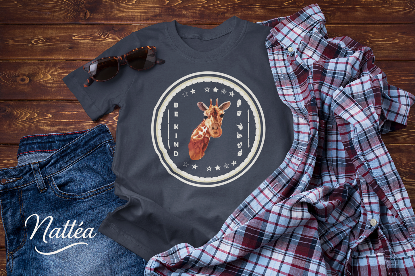 Be Kind ASL T-Shirt – Giraffe Design from Original Watercolor Painting
