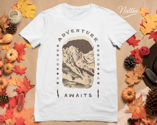 Adventure  Awaits T-Shirt –  Dark Vintage Mountain Scene from Oil Painting