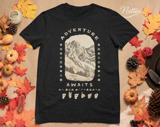 Adventure Awaits T-Shirt – ASL Vintage Mountain Scene from Oil Painting