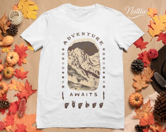 Adventure Awaits T-Shirt – ASL  Dark Vintage Mountain Scene from Oil Painting
