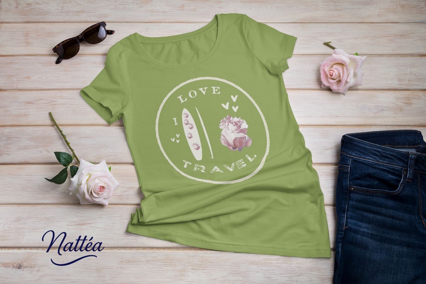 Paddle & Rose Travel T-Shirt – “I Love Travel” Original Art Design