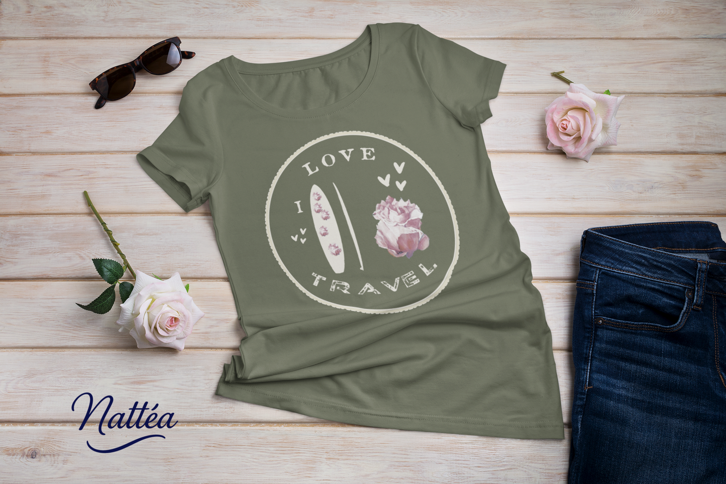 Paddle & Rose Travel T-Shirt – “I Love Travel” Original Art Design