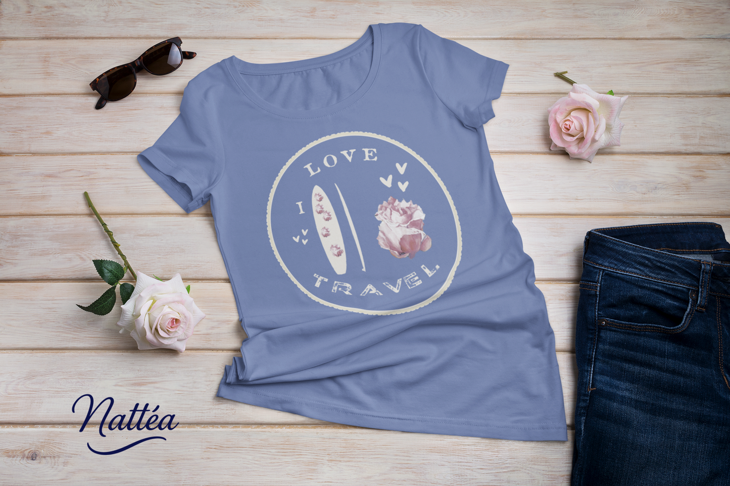 Paddle & Rose Travel T-Shirt – “I Love Travel” Original Art Design