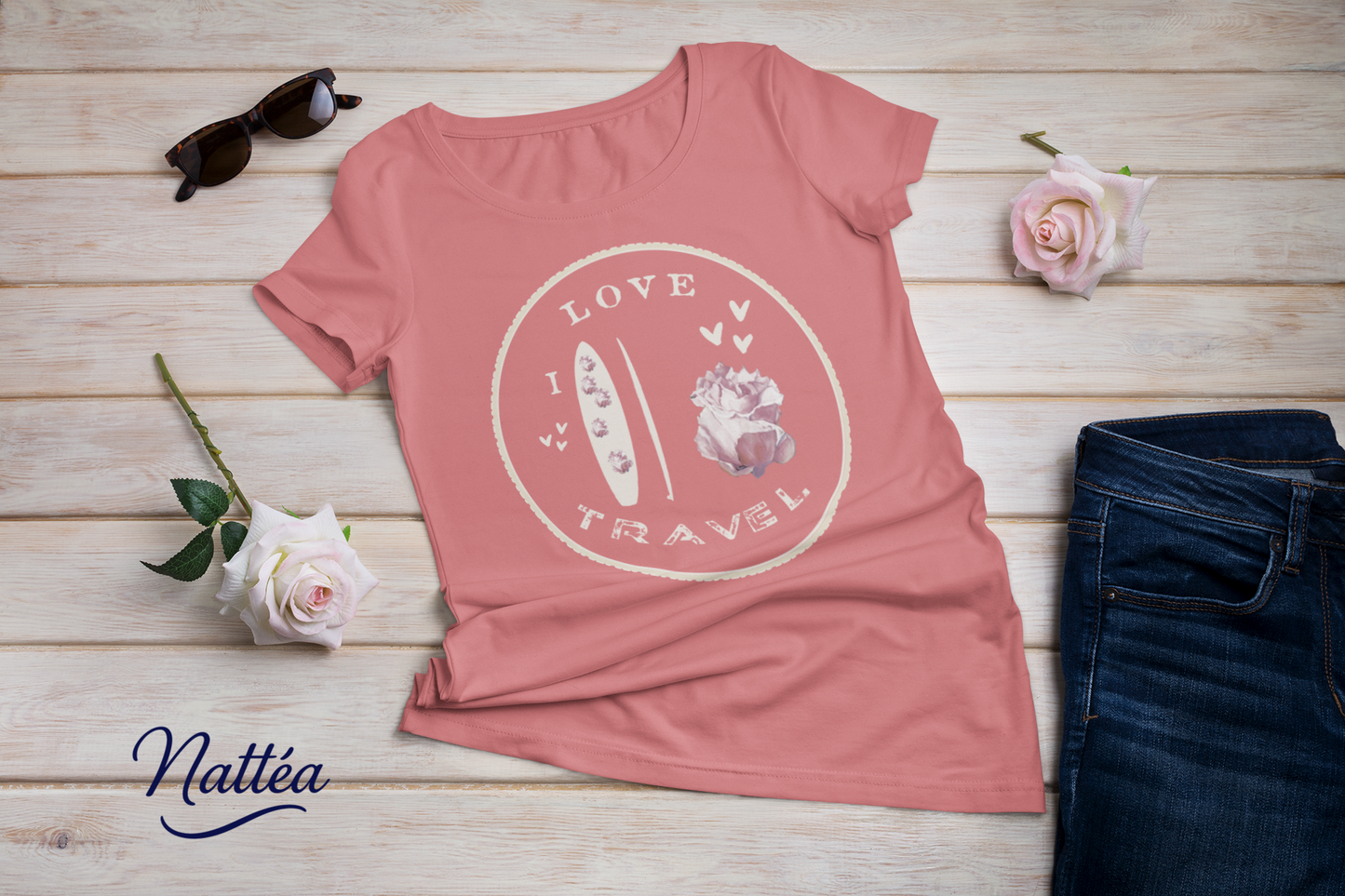 Paddle & Rose Travel T-Shirt – “I Love Travel” Original Art Design