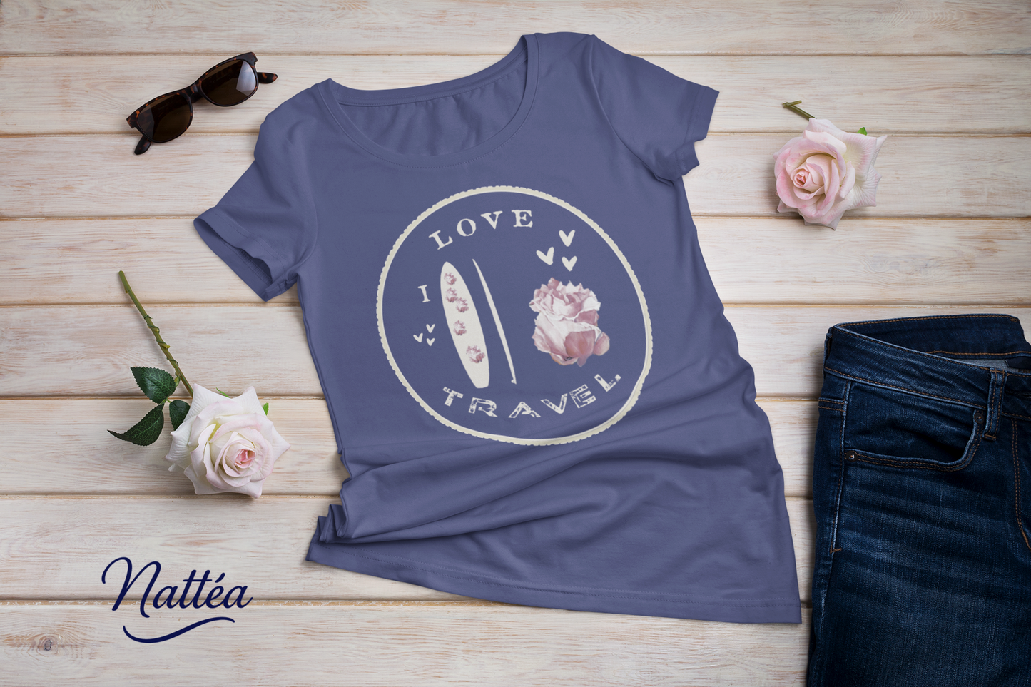 Paddle & Rose Travel T-Shirt – “I Love Travel” Original Art Design