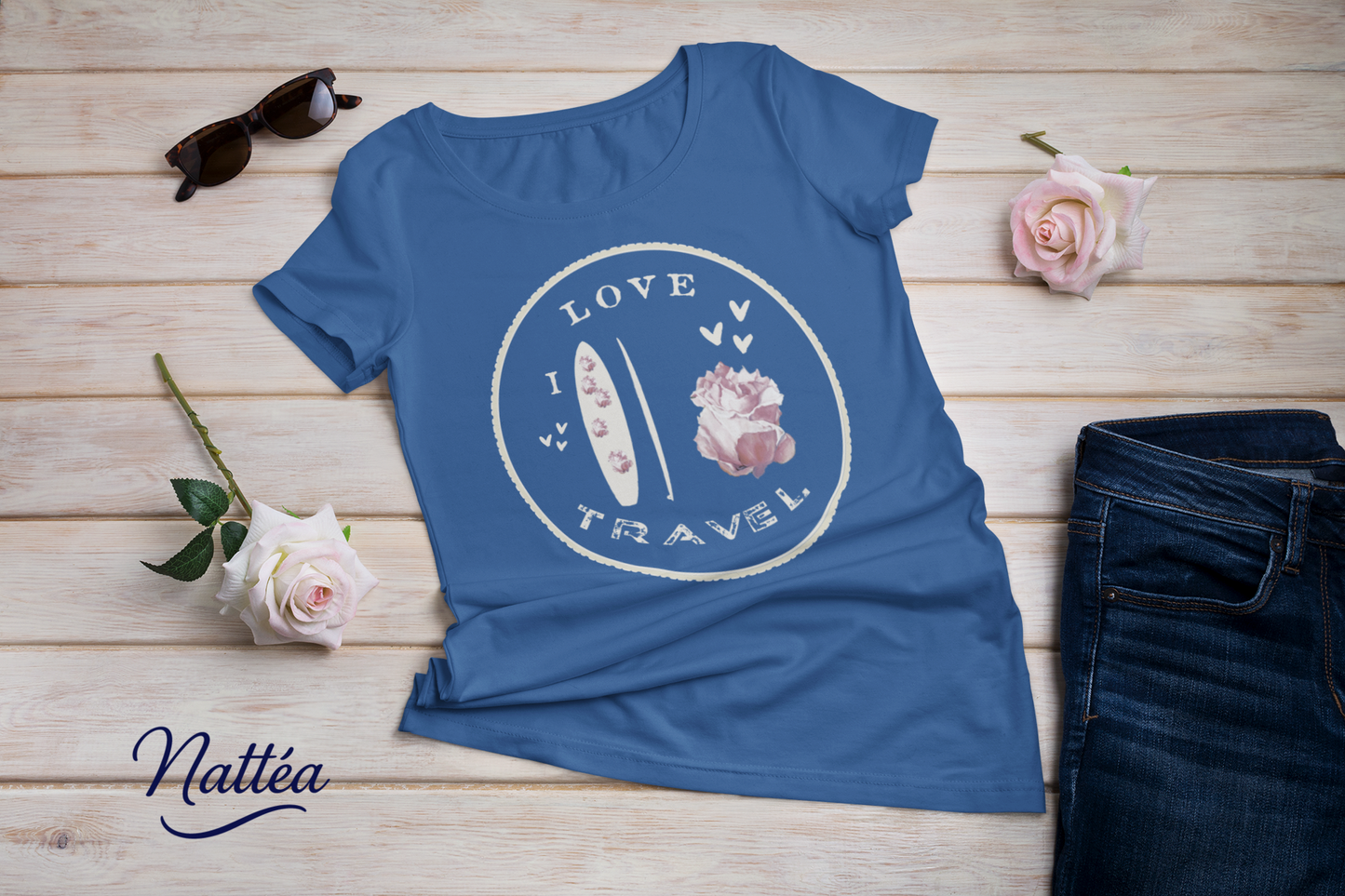Paddle & Rose Travel T-Shirt – “I Love Travel” Original Art Design