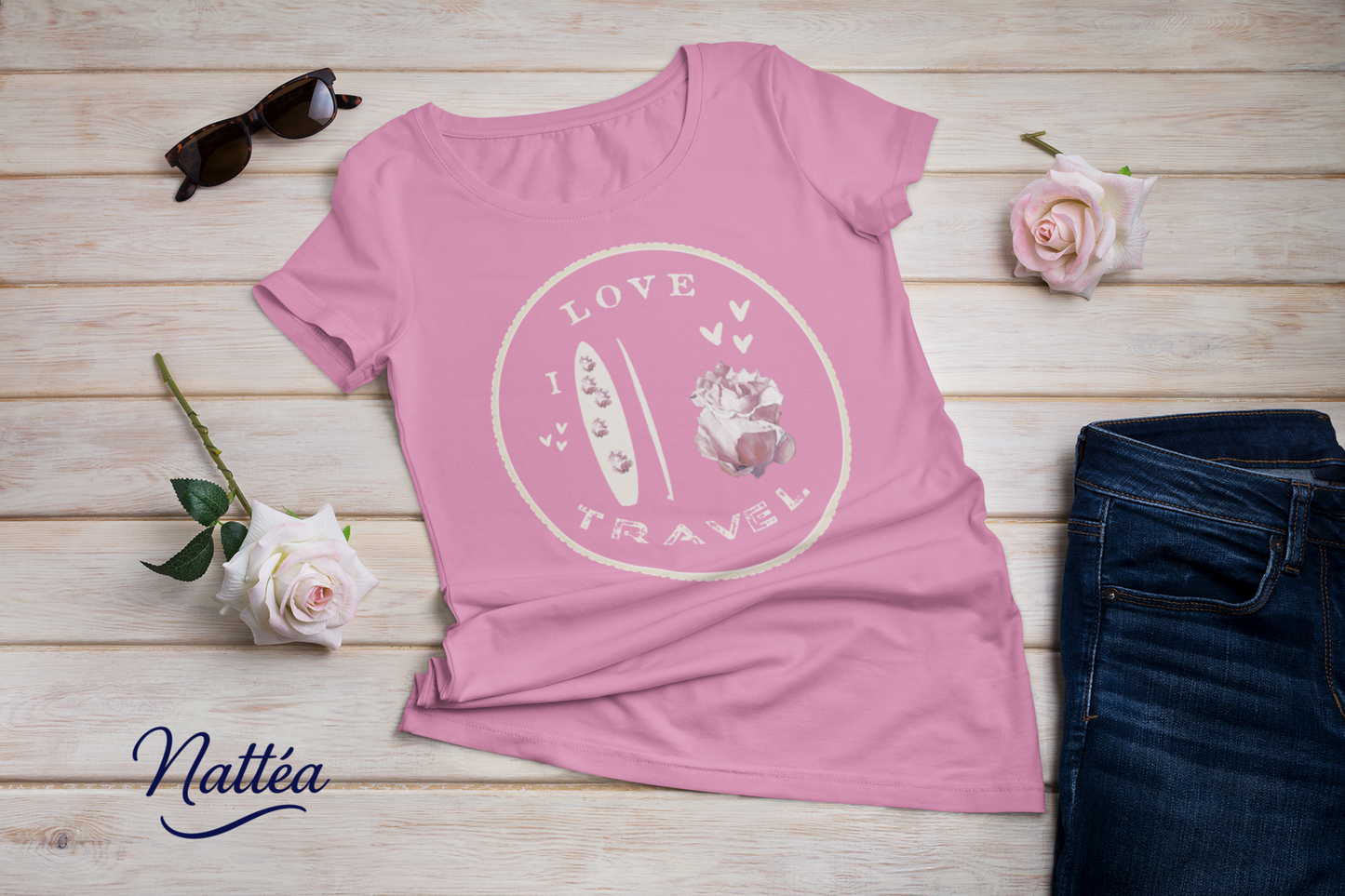 Paddle & Rose Travel T-Shirt – “I Love Travel” Original Art Design