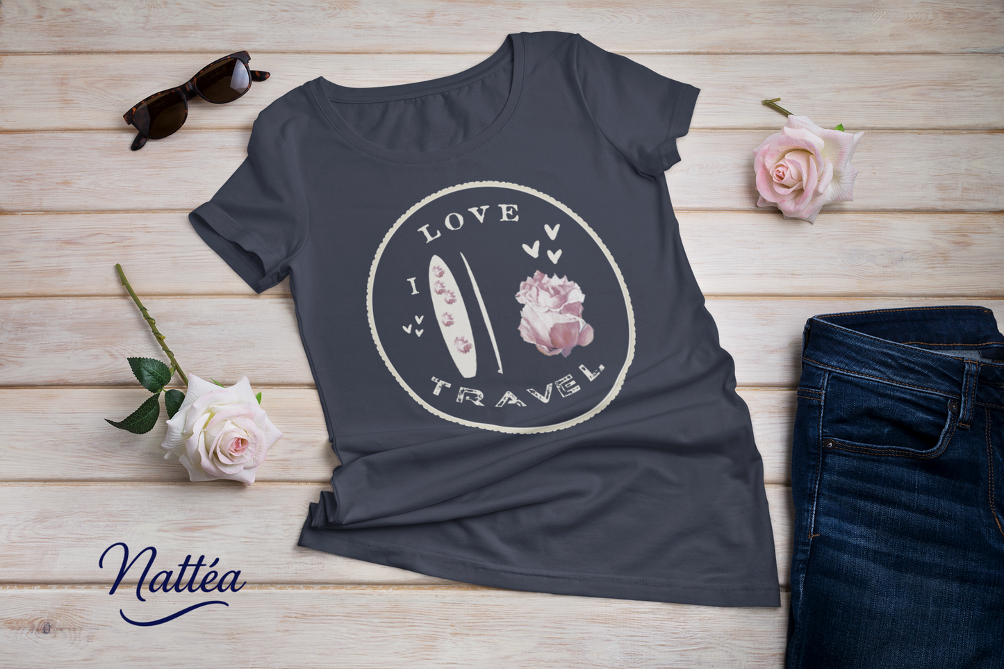Paddle & Rose Travel T-Shirt – “I Love Travel” Original Art Design