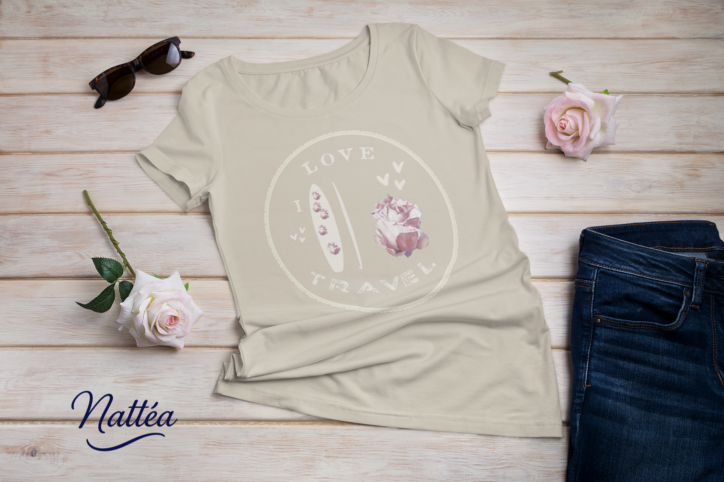 Paddle & Rose Travel T-Shirt – “I Love Travel” Original Art Design