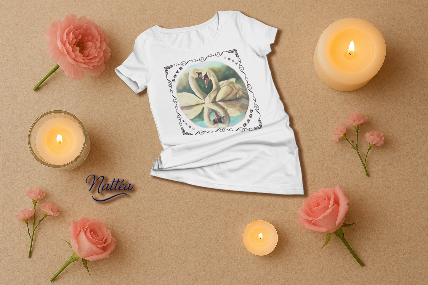 Swan Couple LOVE T-Shirt – Romantic Vintage Art from Original Painting