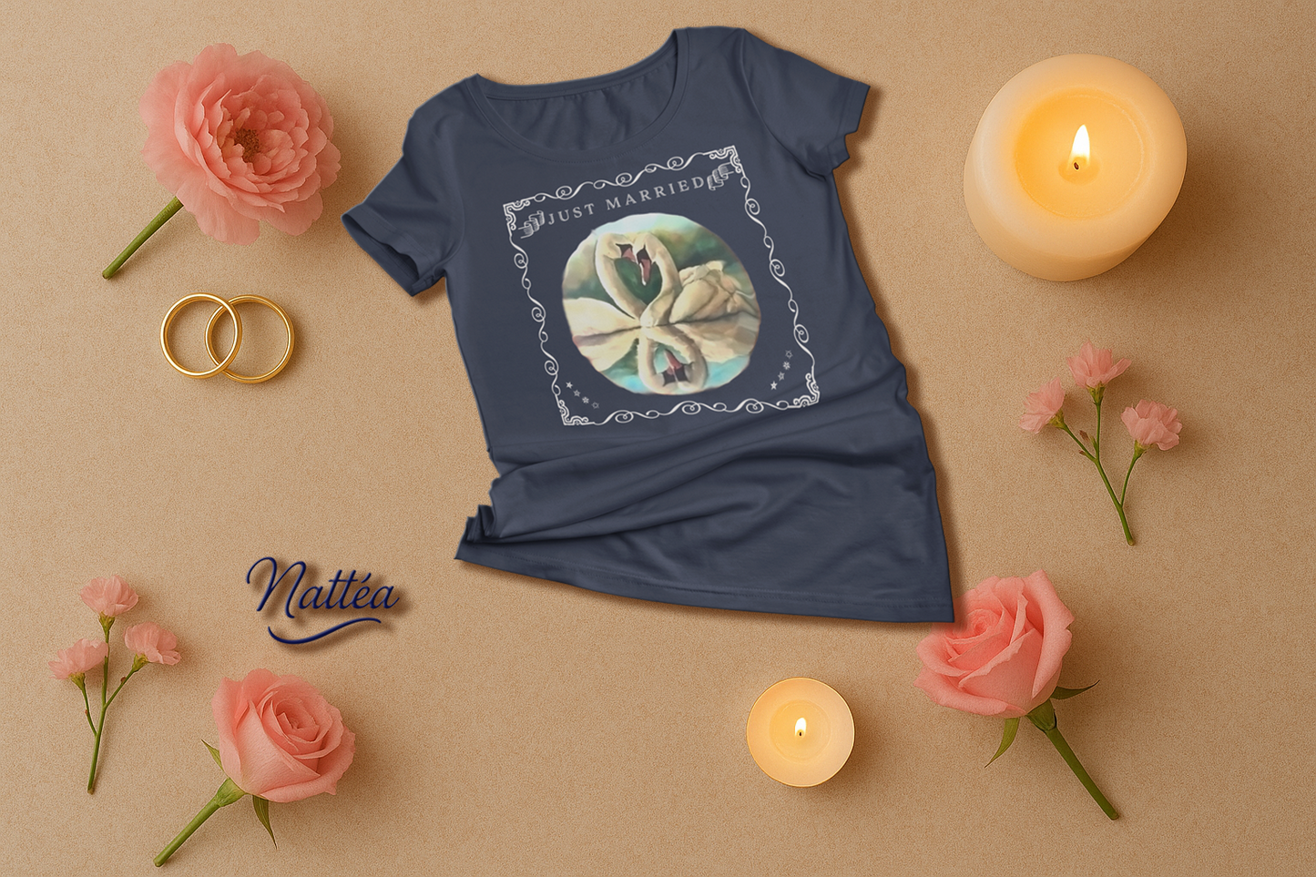 Just Married Lovebirds T-Shirt – Swan Couple in Vintage Nature Art
