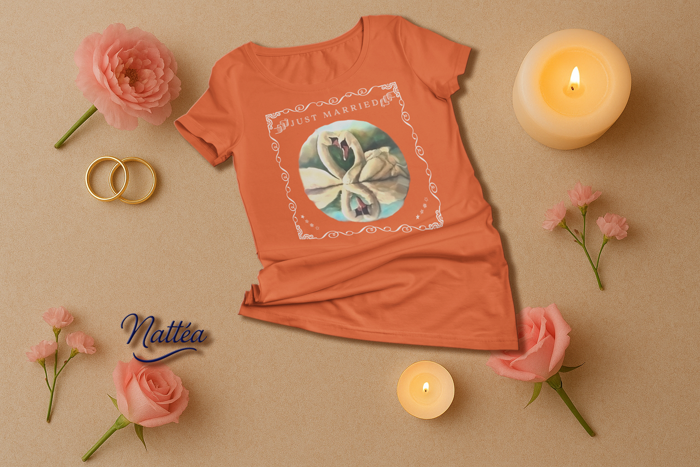 Just Married Lovebirds T-Shirt – Swan Couple in Vintage Nature Art