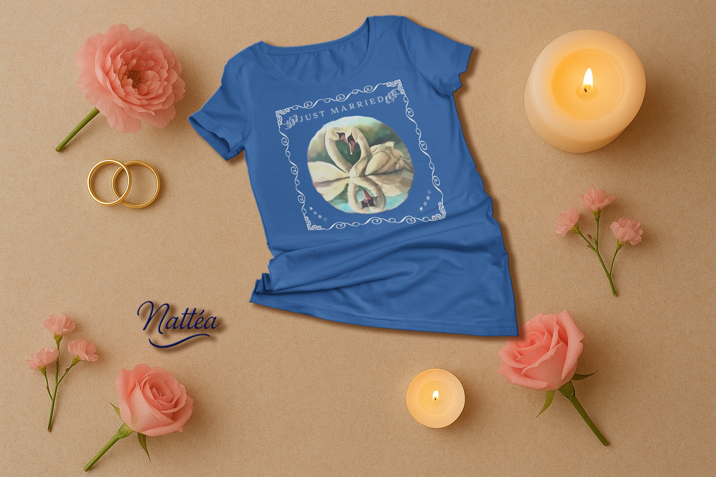 Just Married Lovebirds T-Shirt – Swan Couple in Vintage Nature Art