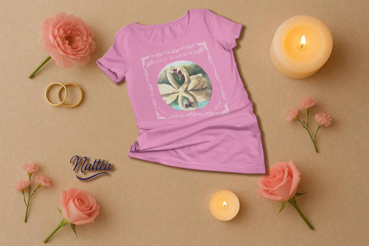 Just Married Lovebirds T-Shirt – Swan Couple in Vintage Nature Art