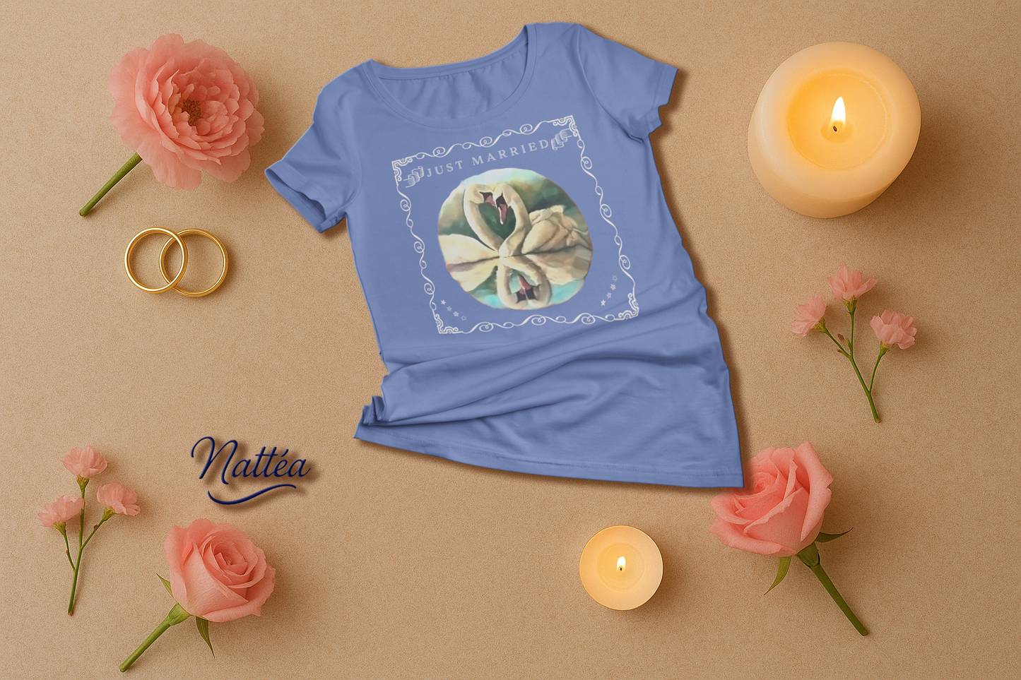 Just Married Lovebirds T-Shirt – Swan Couple in Vintage Nature Art