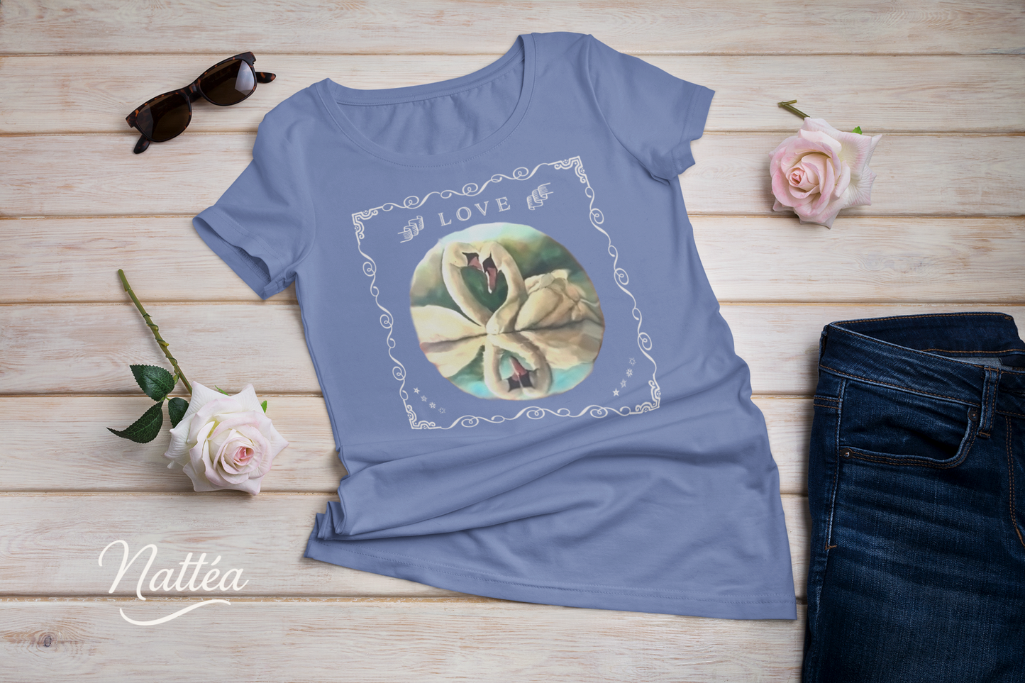 Swan Couple LOVE T-Shirt – Retro Vintage Style from Original Painting