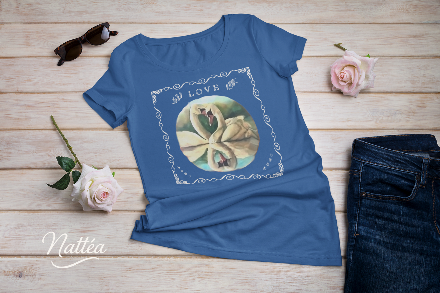 Swan Couple LOVE T-Shirt – Retro Vintage Style from Original Painting