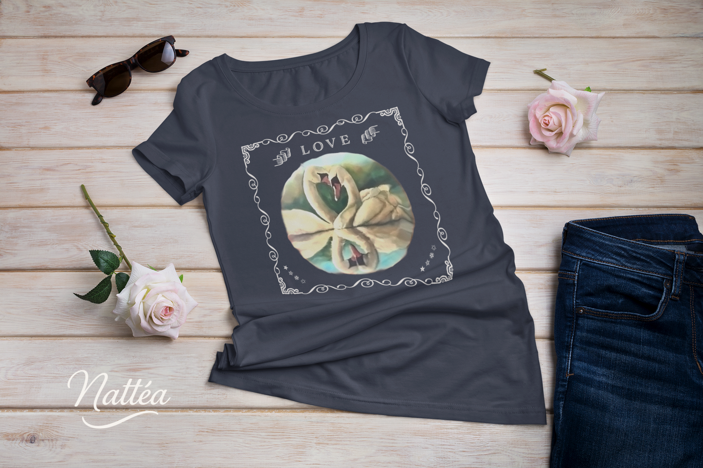 Swan Couple LOVE T-Shirt – Retro Vintage Style from Original Painting