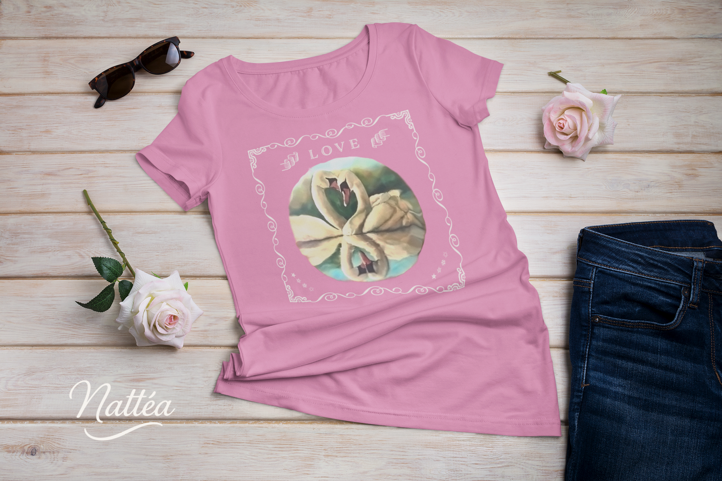 Swan Couple LOVE T-Shirt – Retro Vintage Style from Original Painting