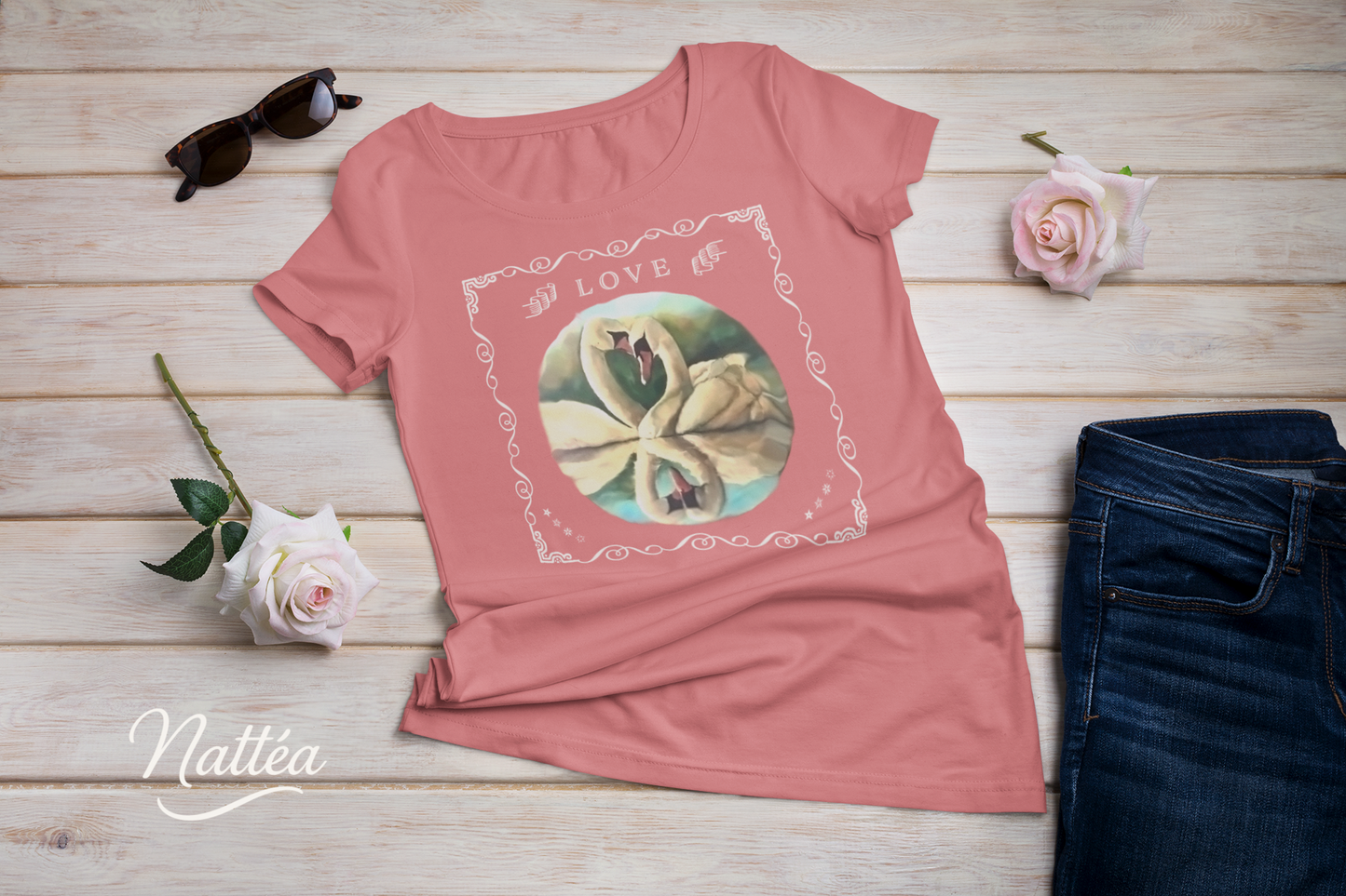 Swan Couple LOVE T-Shirt – Retro Vintage Style from Original Painting