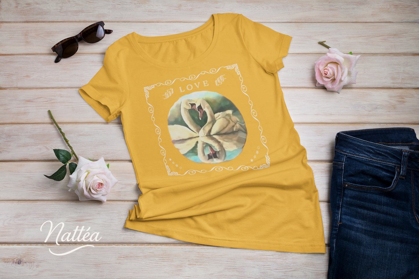 Swan Couple LOVE T-Shirt – Retro Vintage Style from Original Painting