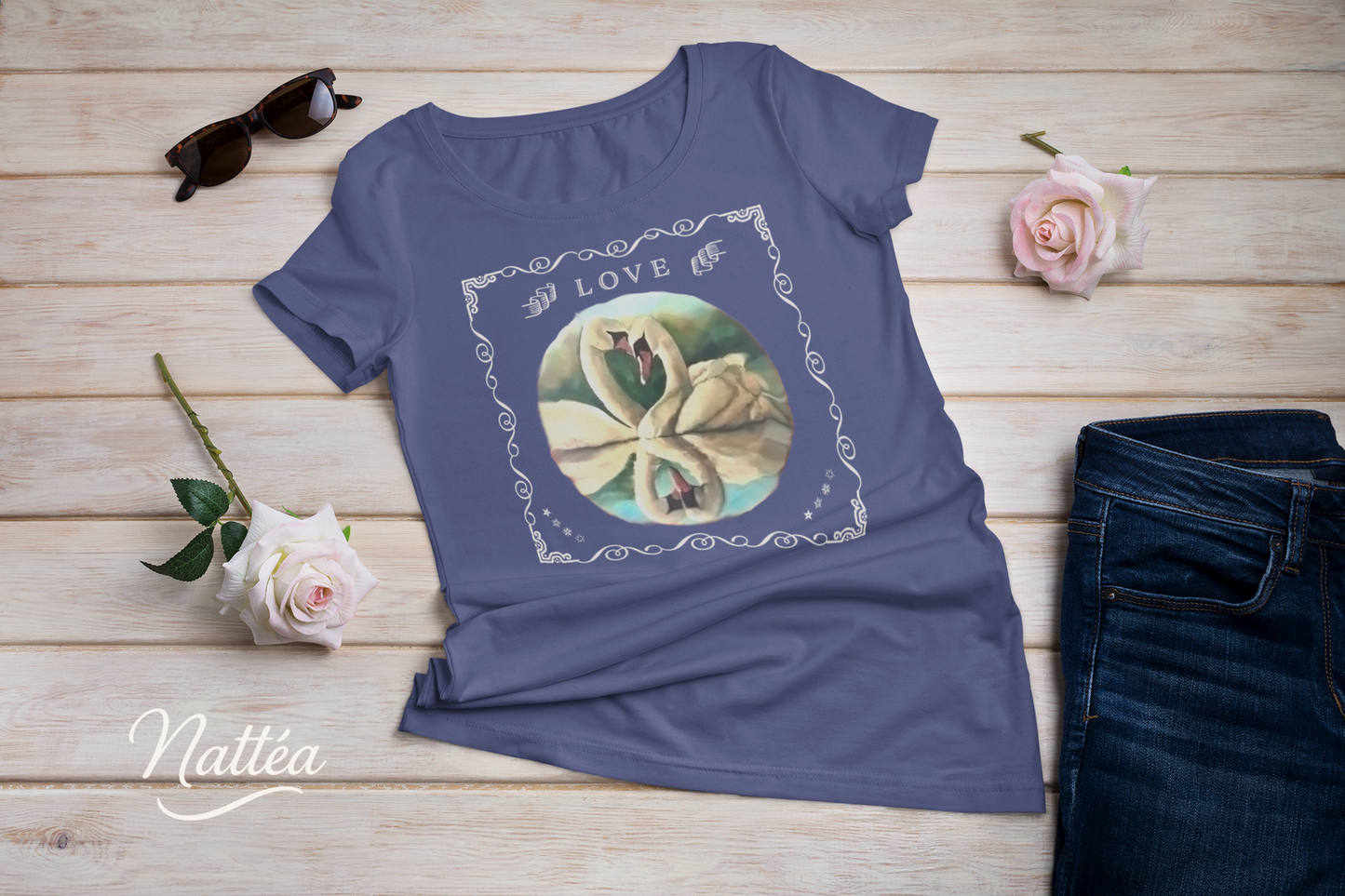 Swan Couple LOVE T-Shirt – Retro Vintage Style from Original Painting