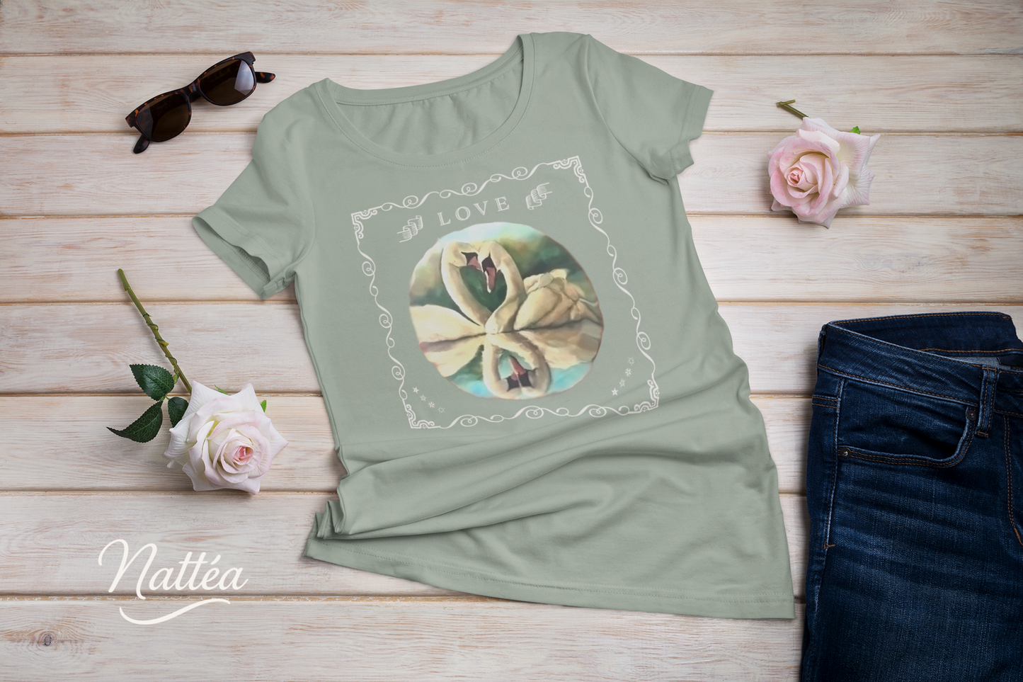 Swan Couple LOVE T-Shirt – Retro Vintage Style from Original Painting