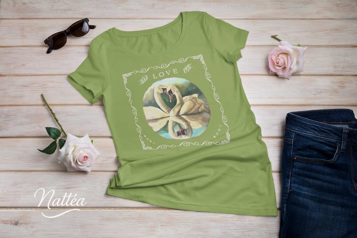 Swan Couple LOVE T-Shirt – Retro Vintage Style from Original Painting