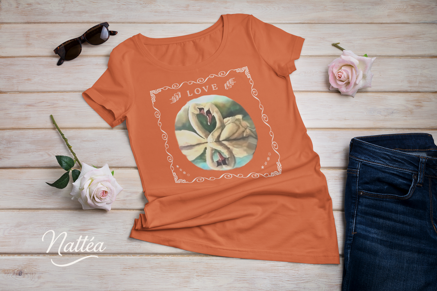 Swan Couple LOVE T-Shirt – Retro Vintage Style from Original Painting