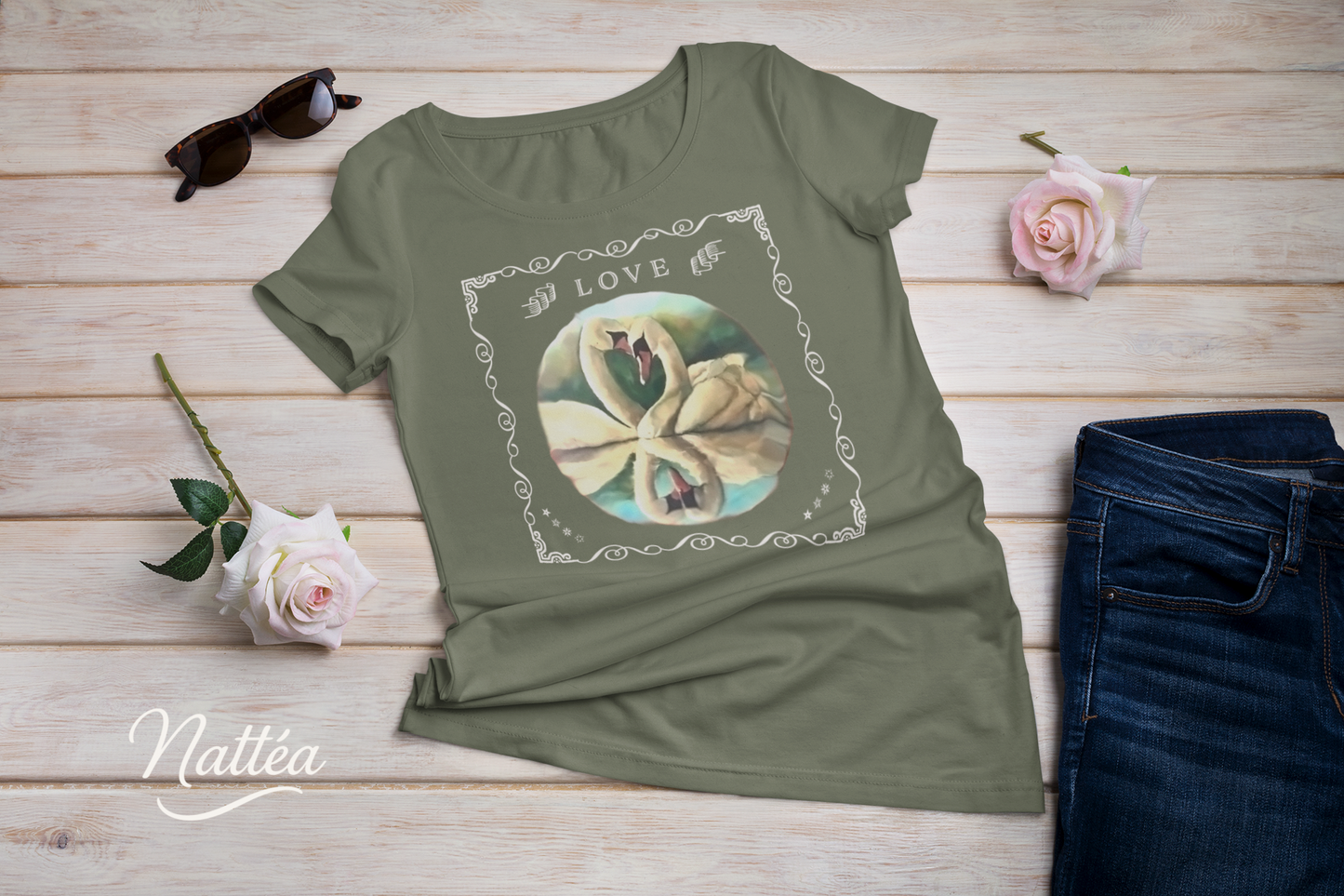Swan Couple LOVE T-Shirt – Retro Vintage Style from Original Painting