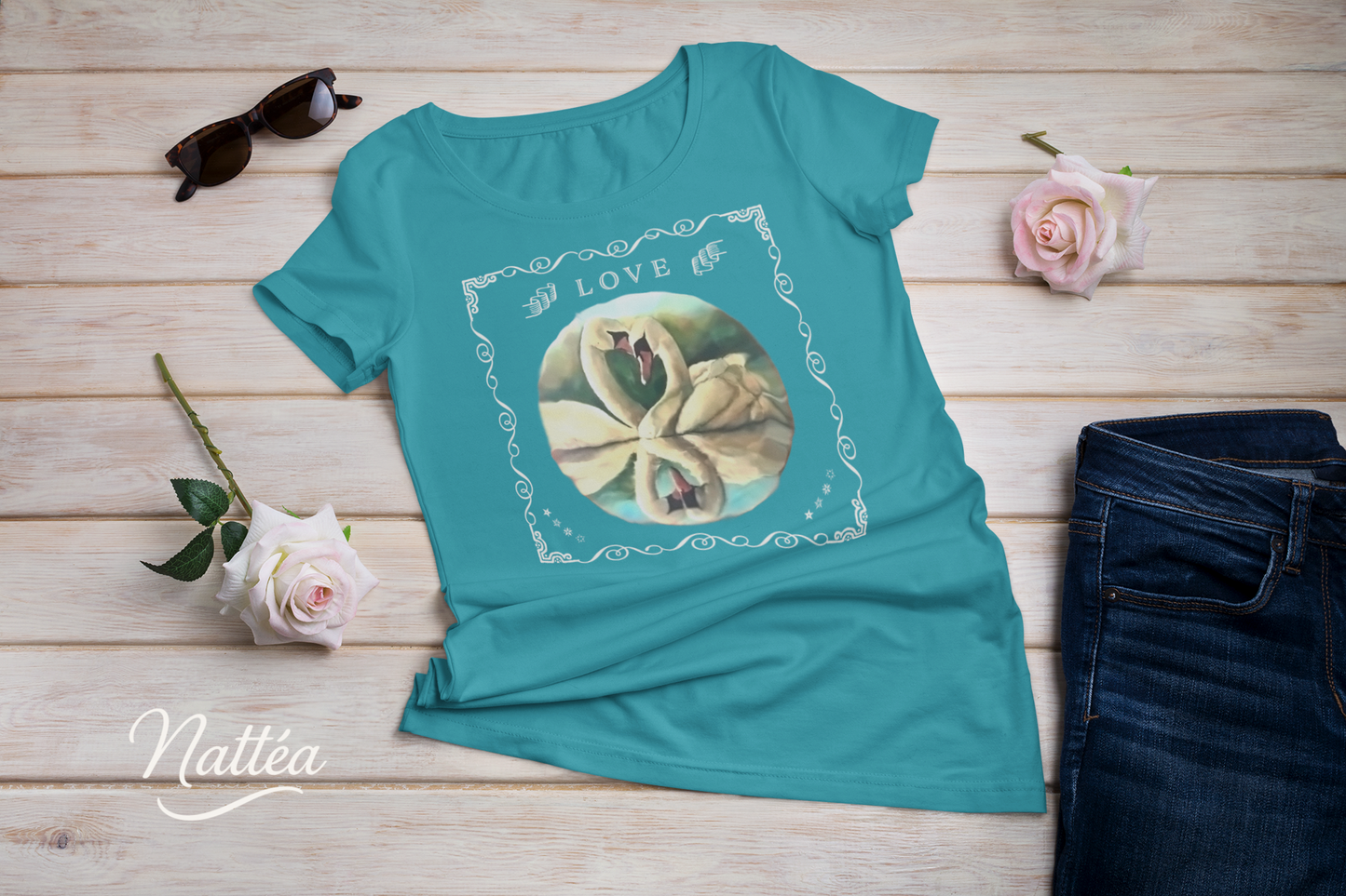 Swan Couple LOVE T-Shirt – Retro Vintage Style from Original Painting