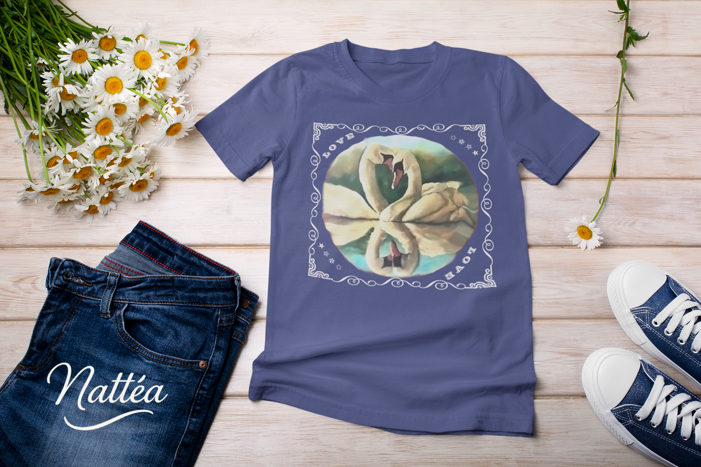 Swan Couple LOVE T-Shirt – Romantic Vintage Style from Original Painting