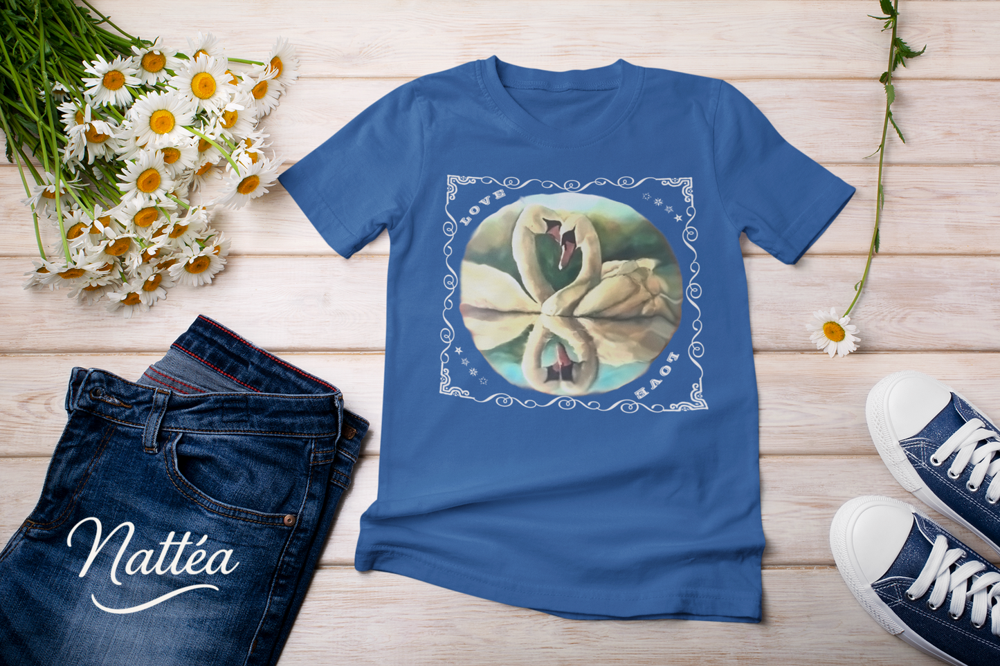 Swan Couple LOVE T-Shirt – Romantic Vintage Style from Original Painting