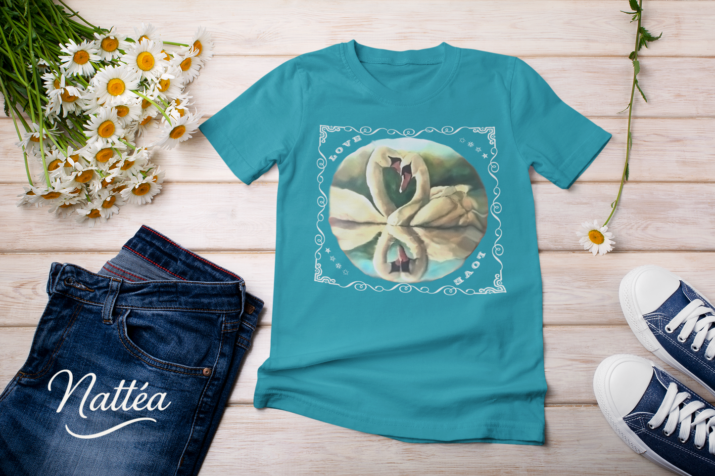 Swan Couple LOVE T-Shirt – Romantic Vintage Style from Original Painting