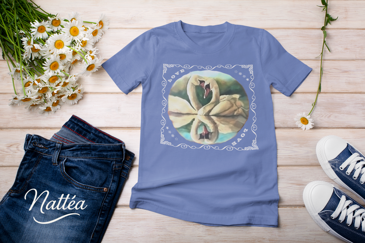 Swan Couple LOVE T-Shirt – Romantic Vintage Style from Original Painting