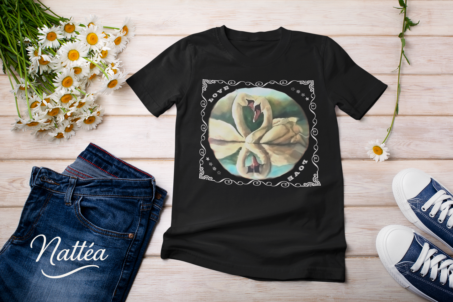 Swan Couple LOVE T-Shirt – Romantic Vintage Style from Original Painting
