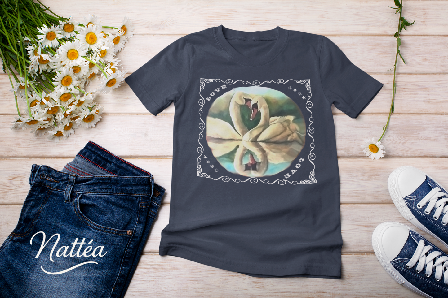 Swan Couple LOVE T-Shirt – Romantic Vintage Style from Original Painting