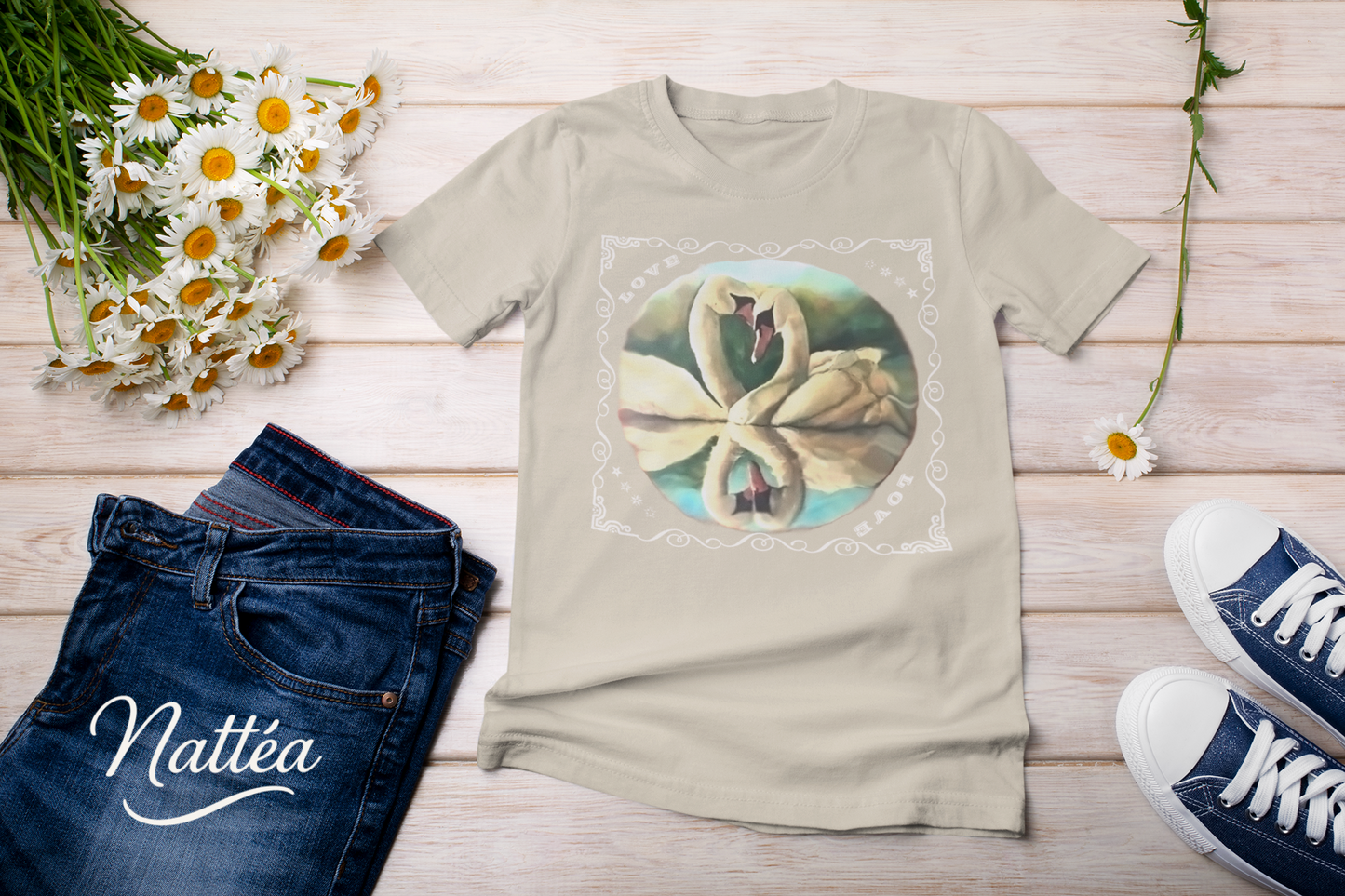Swan Couple LOVE T-Shirt – Romantic Vintage Style from Original Painting