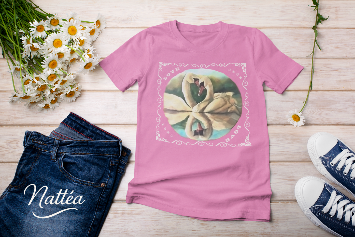 Swan Couple LOVE T-Shirt – Romantic Vintage Style from Original Painting