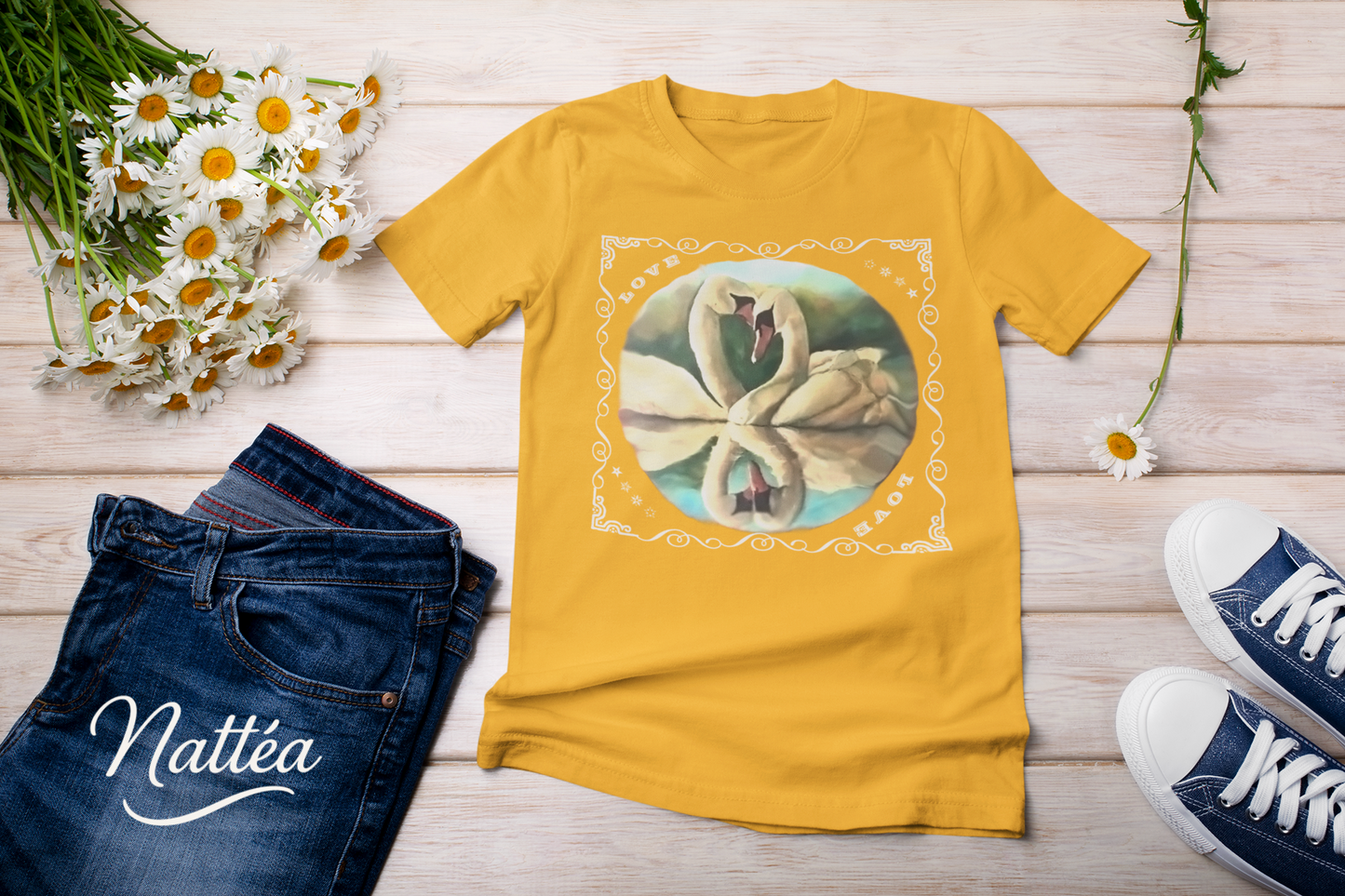 Swan Couple LOVE T-Shirt – Romantic Vintage Style from Original Painting