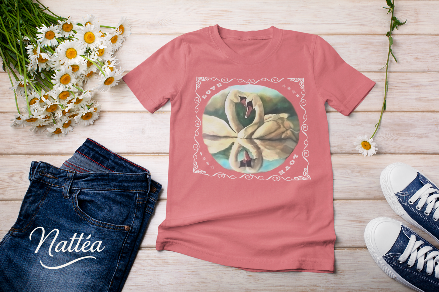 Swan Couple LOVE T-Shirt – Romantic Vintage Style from Original Painting