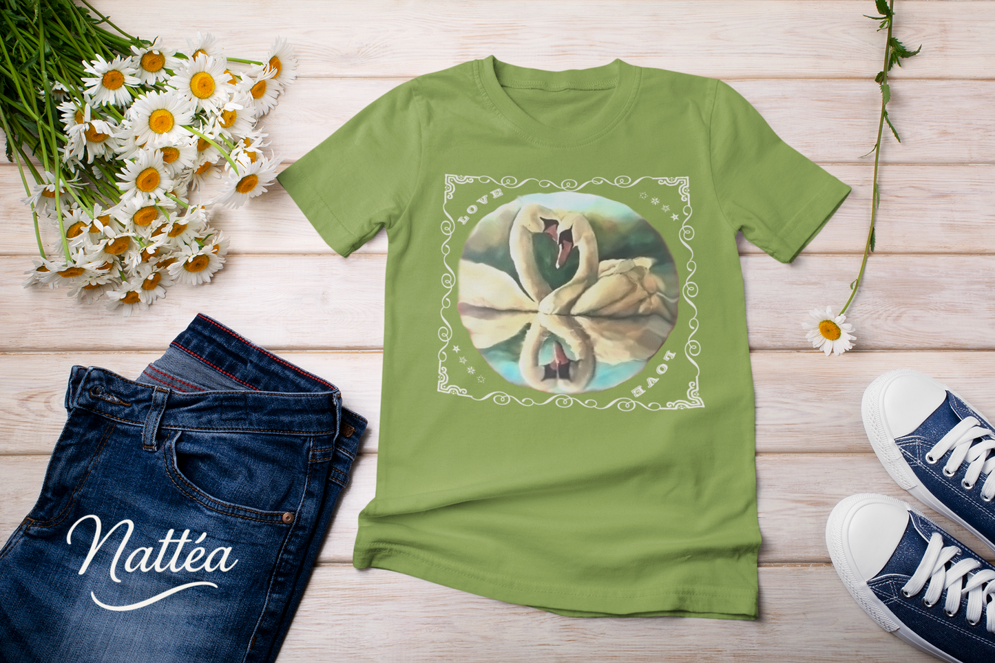 Swan Couple LOVE T-Shirt – Romantic Vintage Style from Original Painting