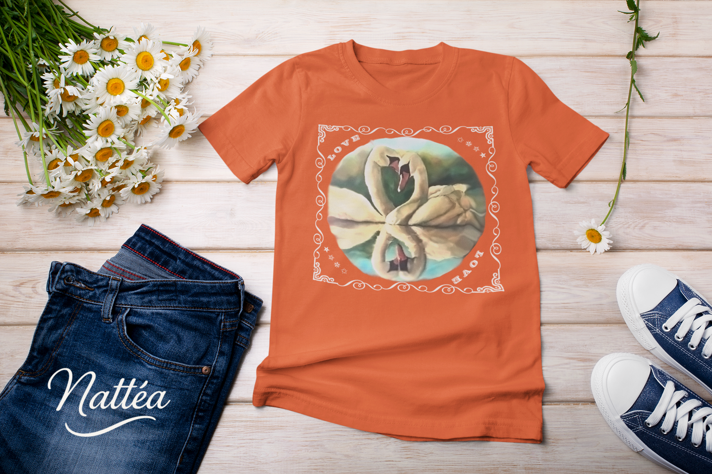 Swan Couple LOVE T-Shirt – Romantic Vintage Style from Original Painting