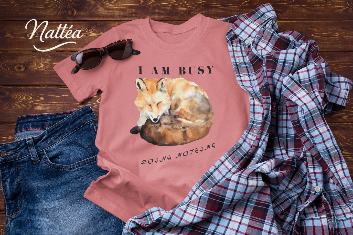Watercolor Fox T-Shirt – “I Am Busy Doing Nothing” Funny Quote Design