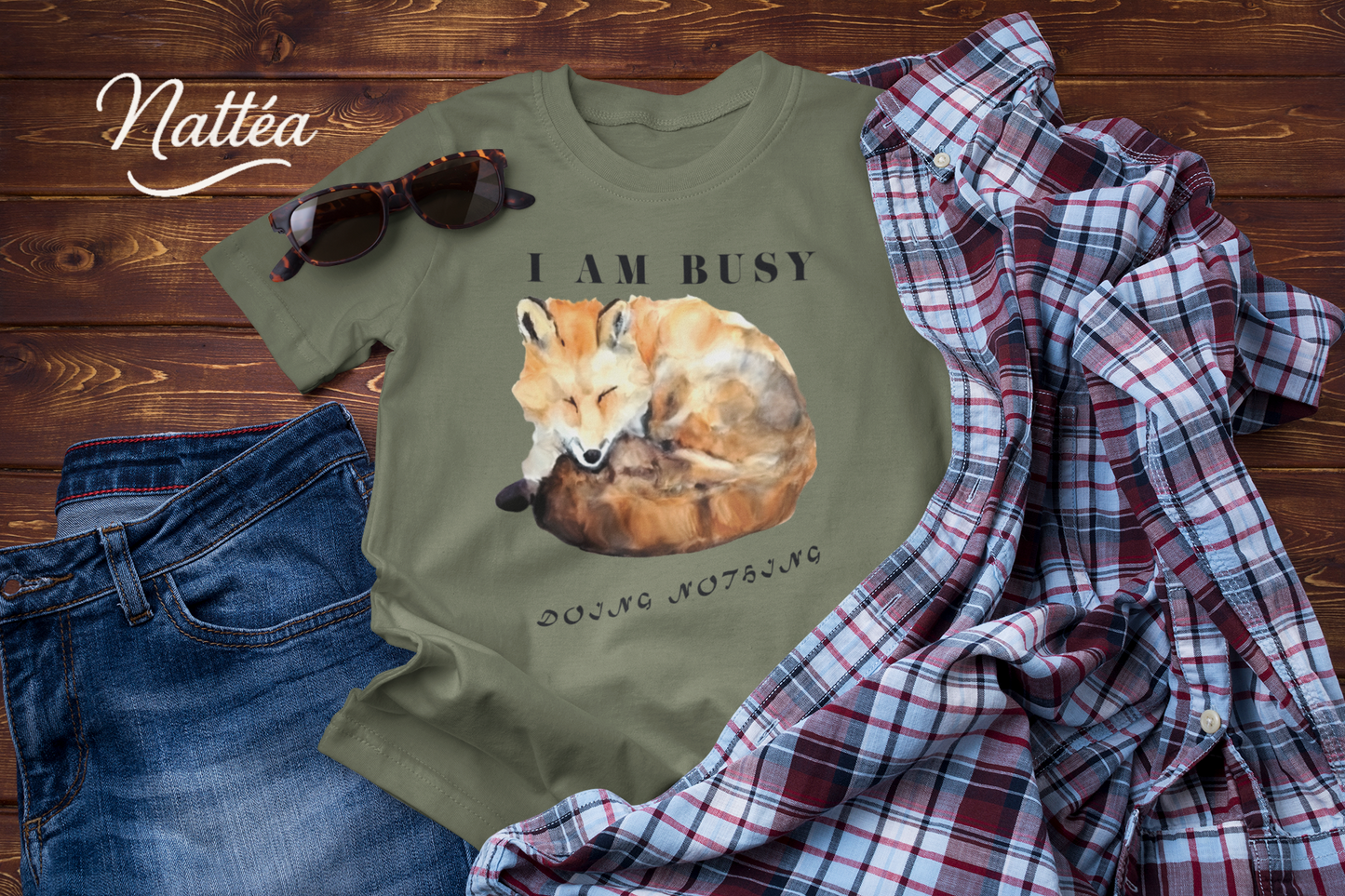 Watercolor Fox T-Shirt – “I Am Busy Doing Nothing” Funny Quote Design