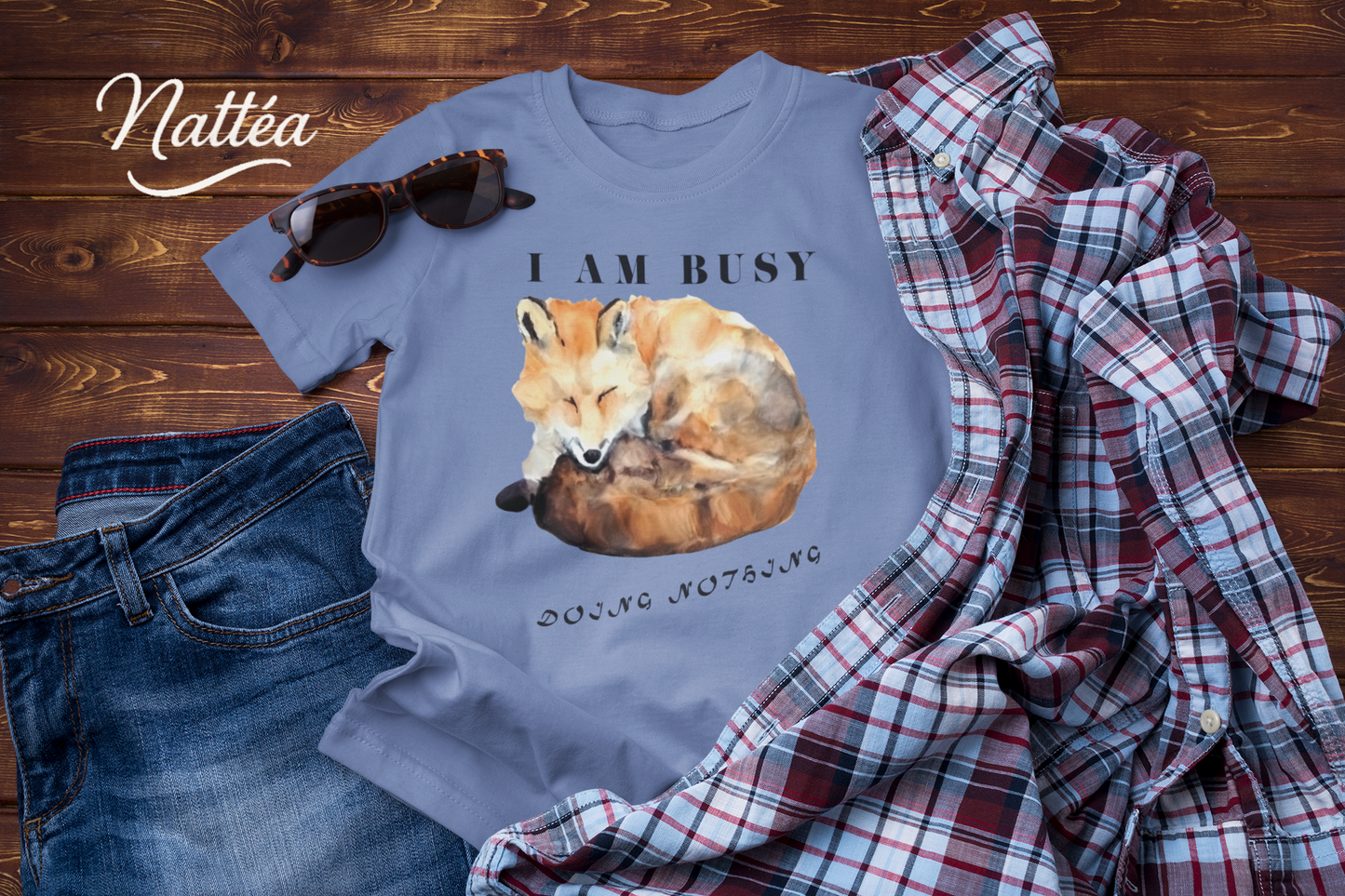 Watercolor Fox T-Shirt – “I Am Busy Doing Nothing” Funny Quote Design